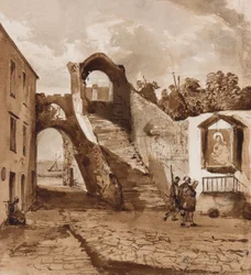 Szentély egy nápolyi falu falaiban, Alfonso Maria di Borbone herceg (1841-1934) kiegészítésével, 1854. október 30. (ceruza és szépia mosás papíron)